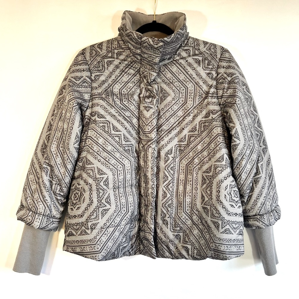 PRANA Lilly Puffer Jacket Coat Gray Boho Print Athleisure Women's Size Small